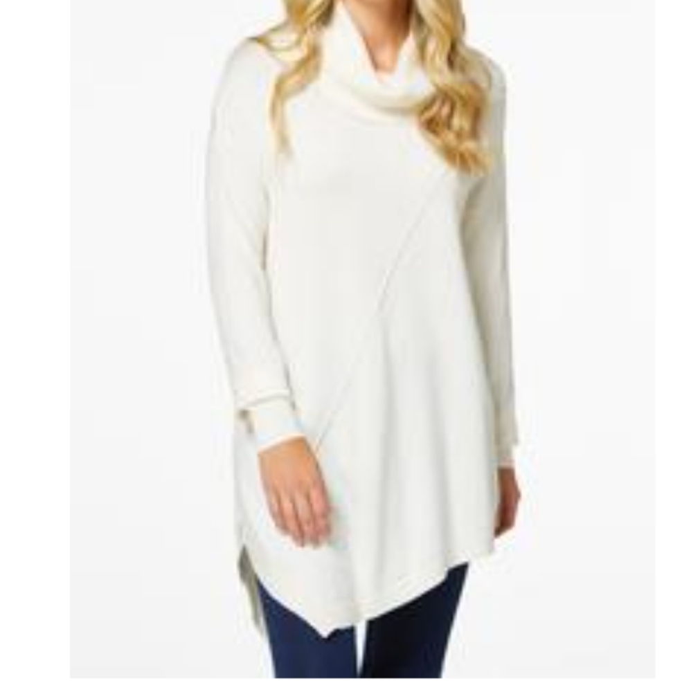 Knit Ivory Cowl Neck Long Tunic Sweater) NWT Asymmetrical Hem Sz XL